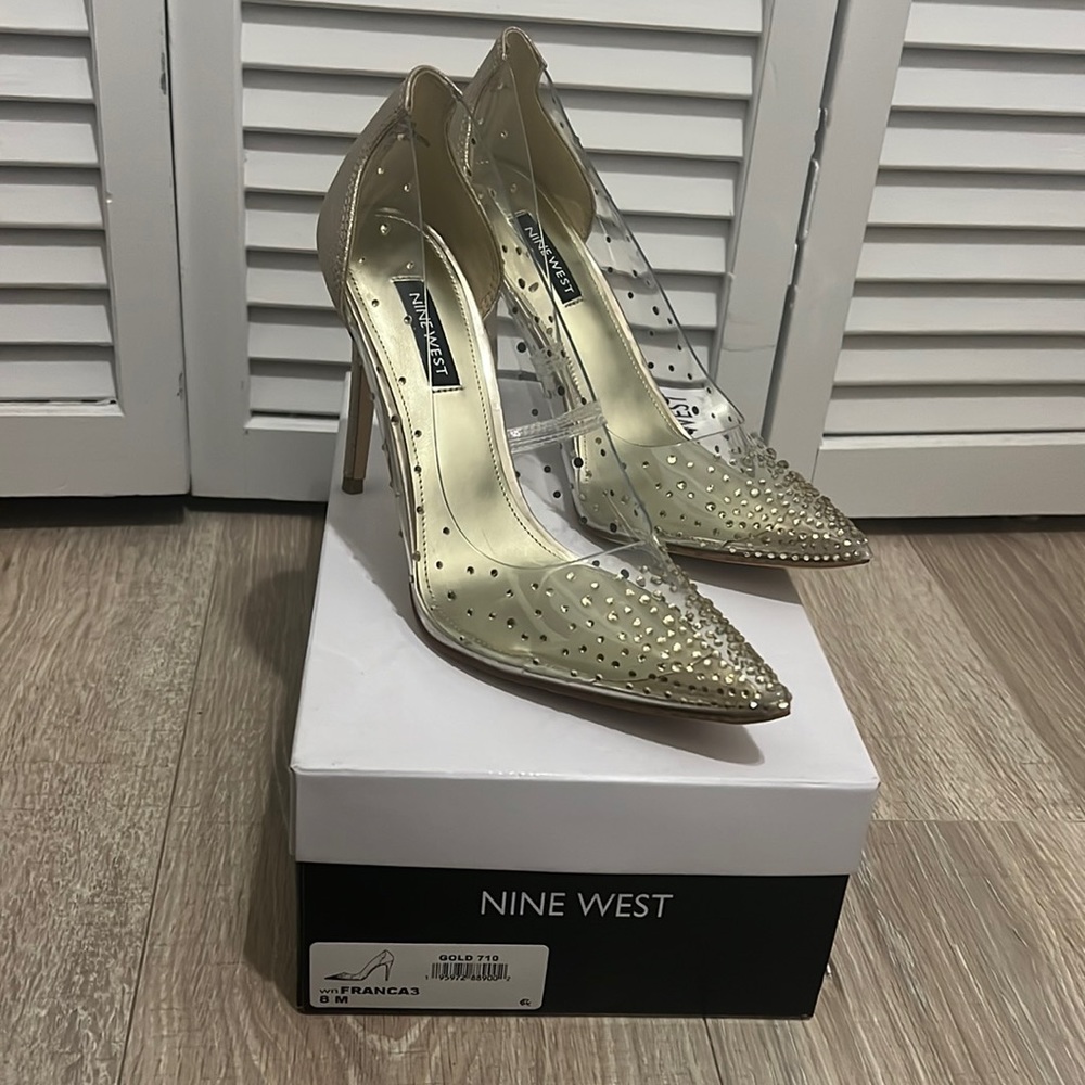 NWT/ Nine West gold rhinestone with clear sides heels